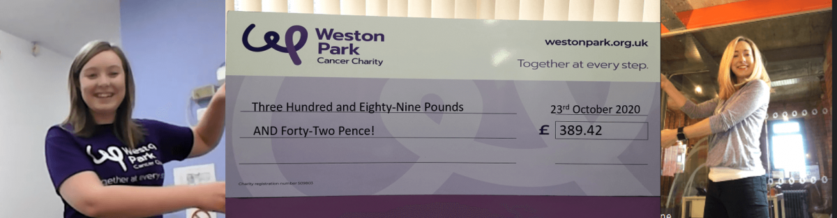 Charlotte Swinhoe, Weston Park Cancer Charity’s fundraiser with a cheque from Jennifer Burton, Steel City Marketing Marketing Executive.