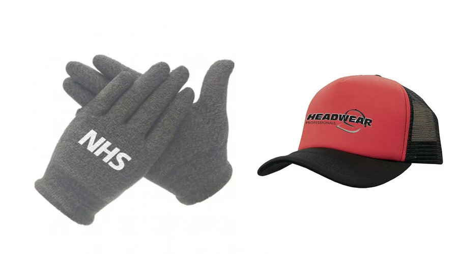 branded gloves and hats