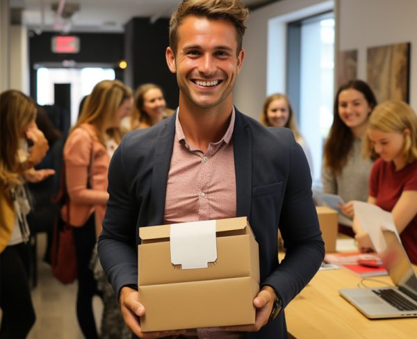 male employee receiving gift in front of colleagues