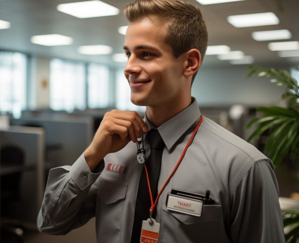 new employee putting on id badge
