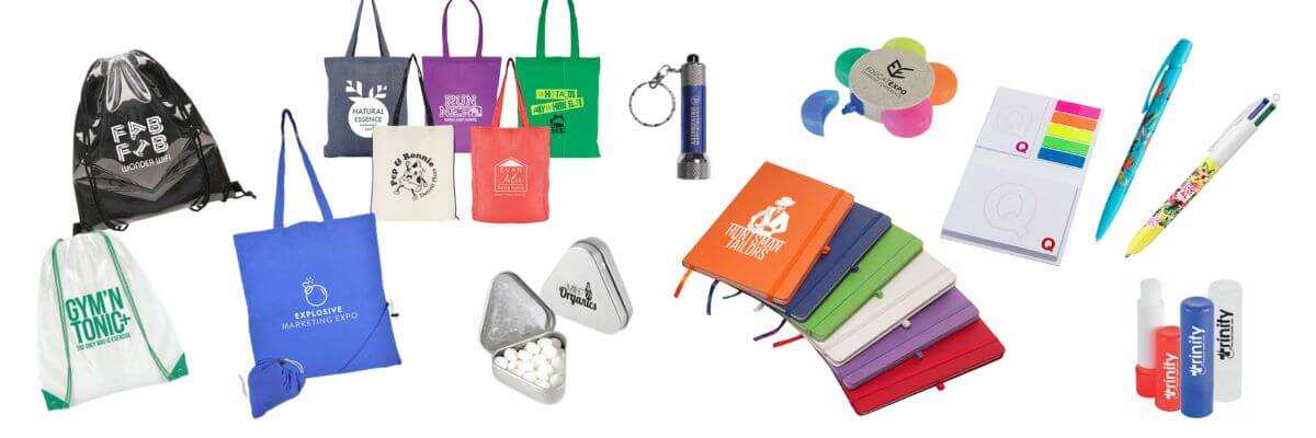 High-volume branded event giveaways including pens, lip balms and tote bags